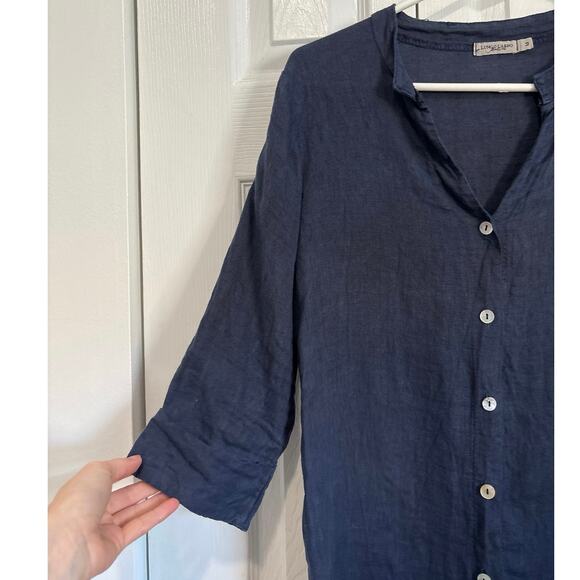 Lungo L’Arno Navy Blue 100% Linen Made in Italy Button Front Top Medium - Picture 2 of 7